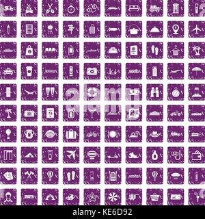 100 travel time icons set grunge purple Stock Vector