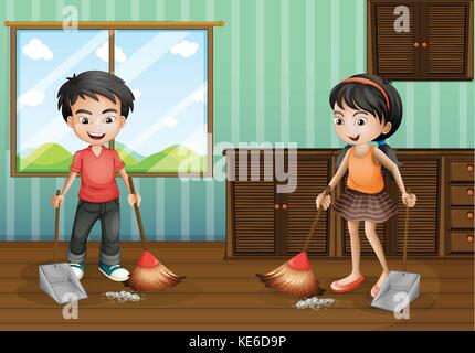 Boy and girl sweeping the floor illustration Stock Vector