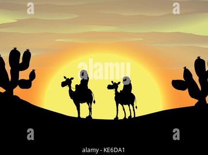 Silhouette of two camels with riders traveling in desert during sunset Stock Vector