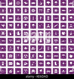 100 tree icons set grunge purple Stock Vector