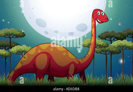 Dinosaur in the field at night illustration Stock Vector