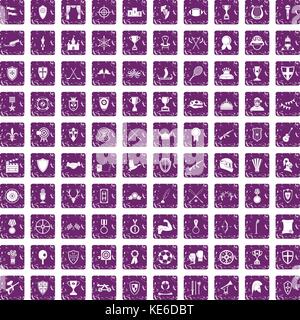 100 trophy and awards icons set grunge purple Stock Vector
