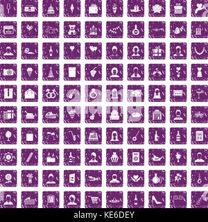 100 birthday icons set grunge purple Stock Vector