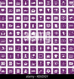 100 TV icons set grunge purple Stock Vector