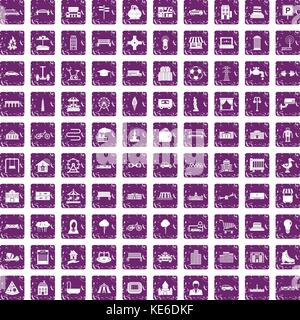100 urban icons set grunge purple Stock Vector