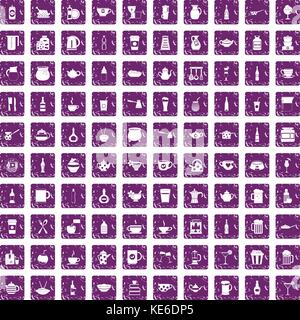 100 utensil icons set grunge purple Stock Vector