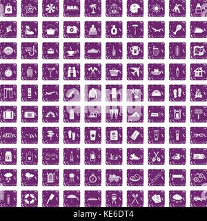 100 vacation icons set grunge purple Stock Vector