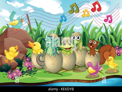 Animals in eggshells by the river illustration Stock Vector