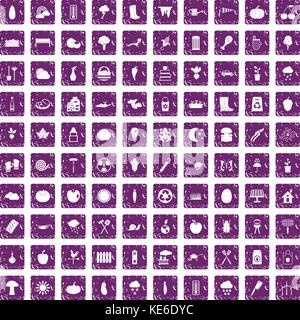 100 vegetables icons set grunge purple Stock Vector
