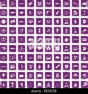 100 victory icons set grunge purple Stock Vector