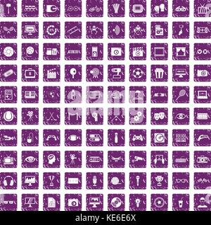 100 video icons set grunge purple Stock Vector