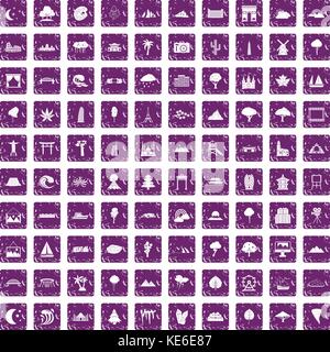 100 view icons set grunge purple Stock Vector