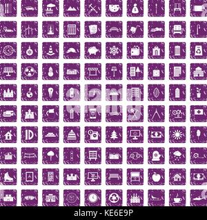 100 villa icons set grunge purple Stock Vector