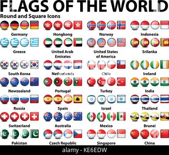 Round and square icons of flags of the world  illustration Stock Vector