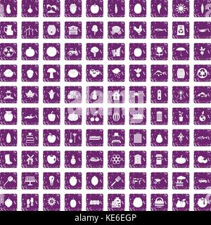100 vitamins icons set grunge purple Stock Vector