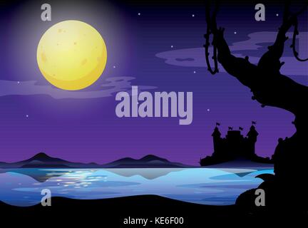 Silhouette of a full moon night with purple sky and castel on the other side of the river Stock Vector