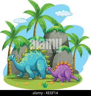 Dinosaurs walking in nature illustration Stock Vector