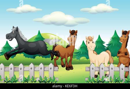 Four horses running the park illustration Stock Vector