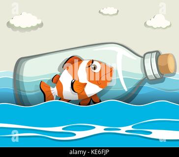 Clownfish in the bottle at sea illustration Stock Vector