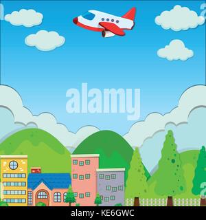 Airplane flying over buildings in suburb illustration Stock Vector