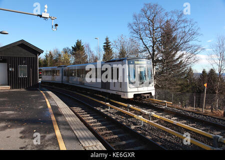 A train at Frognerseteren station, 469 metres above sea level and a starting point for hiking and skiing in Oslo, Norway Stock Photo