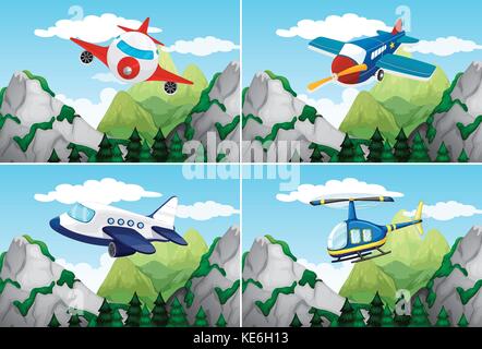 Planes and helicopter flying over the mountains illustration Stock Vector