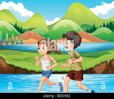 Man and woman jogging in the park illustration Stock Vector