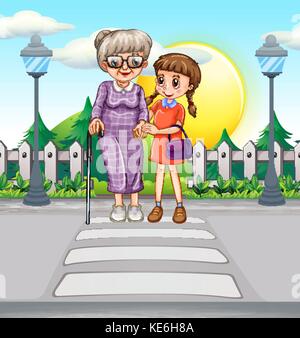 Grandmother And Kid Crossing The Road Illustration Stock Vector Image 