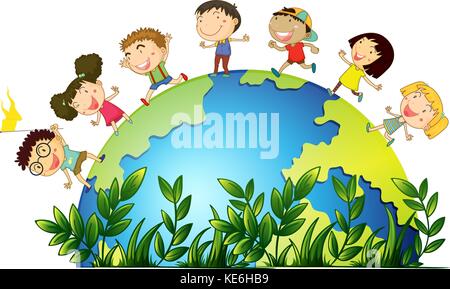 Children running around the globe illustration Stock Vector