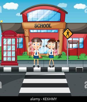 Two students crossing road in front of school illustration Stock Vector