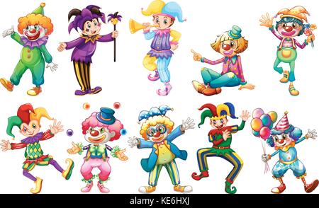 Clowns in different costumes illustration Stock Vector