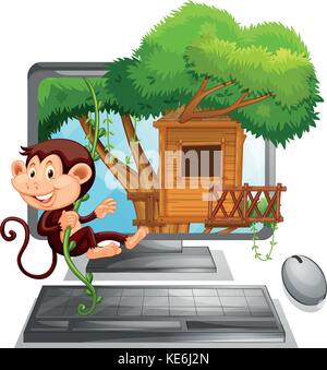 Monkey climbing up the treehouse on computer screen illustration Stock Vector