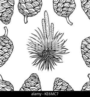 Vector background with hand drawn conifer trees cones sketch. Seamless pattern with traditional christmas plants. Vintage holiday decor. Stock Vector