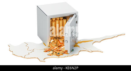 Safe box with golden coins on the map of Cyprus, 3D rendering isolated on white background Stock Photo