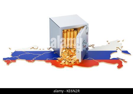 Safe box with golden coins on the map of Russia, 3D rendering isolated on white background Stock Photo