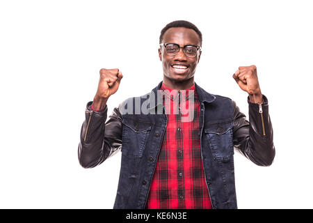 Overjoyed celebrating African American man on white Stock Photo