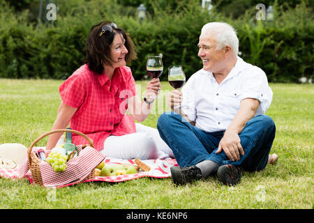 Smiling Senior Couple Drinking Wine In Park Stock Photo