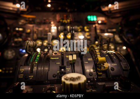 Control levers in airplane cockpit closeup with selective focus Stock Photo