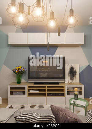 3d illustration living room interior design. Modern studio apartment in the Scandinavian minimalist style. Furniture for TV system Stock Photo