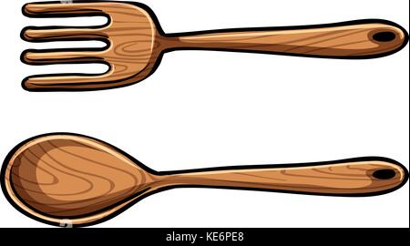 Wooden pair of fork and spoon Stock Vector