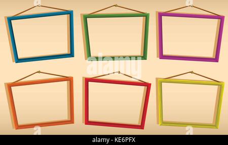 Six wooden frames hanging on the wall Stock Vector