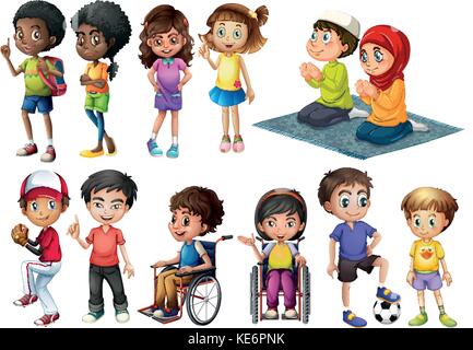 Children in different positions doing many things Stock Vector