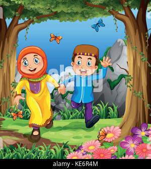 Man and woman muslims holding hands in the jungle Stock Vector