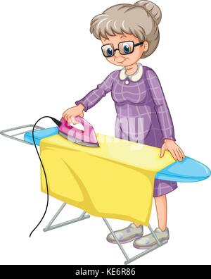 Old woman ironing clothes on ironing board Stock Vector