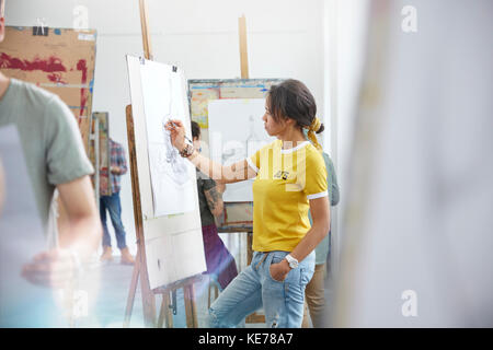 Female artist sketching at easel in art class studio Stock Photo