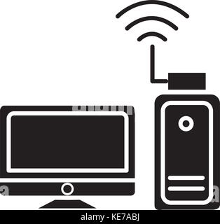 wi-fi adapter - wi-fi network - monitor with usb card icon, vector illustration, black sign on isolated background Stock Vector