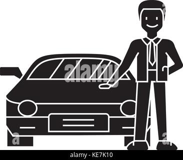 man with new car - car dealer - auto dealership - buying a car icon, vector illustration, black sign on isolated background Stock Vector