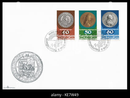 First day cover letter printed by Liechtenstein, that shows Old coins. Stock Photo