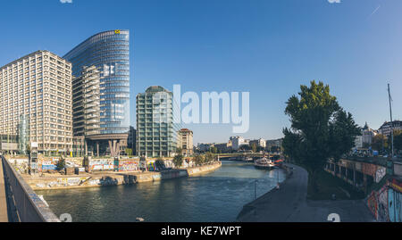 Vienna, Austria - September 30, 2017: Wide angle view of the Danube canal in Vienna city center. Stock Photo