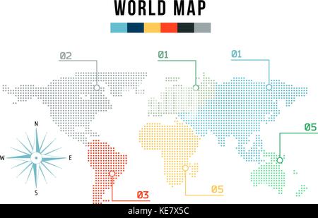 modern world map for infographics in the style of halfton. Wind rose vector. Stock Vector